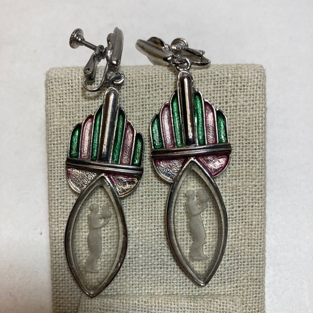 Vintage Earrings Enamel Detailing Carved Glass Figures Silver Tone Screwback